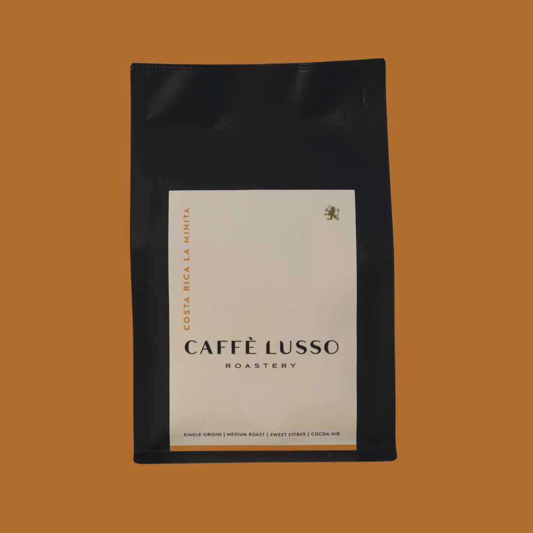 Caffè Lusso coffee bag of Costa Rica La Minita on a Goldenrod background