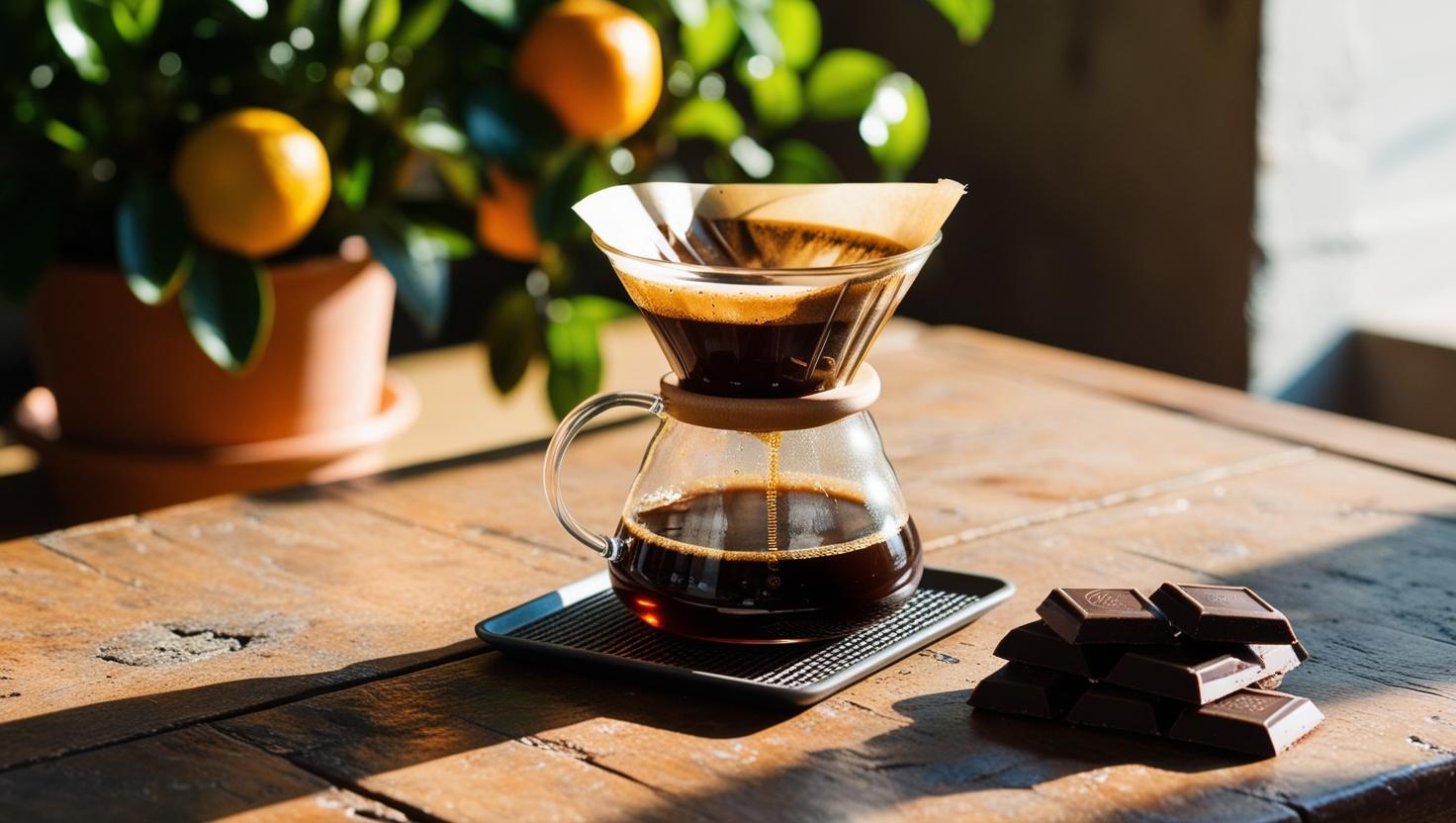 a v60 dripper of coffee on a table in the sun with chocolate bars to the side