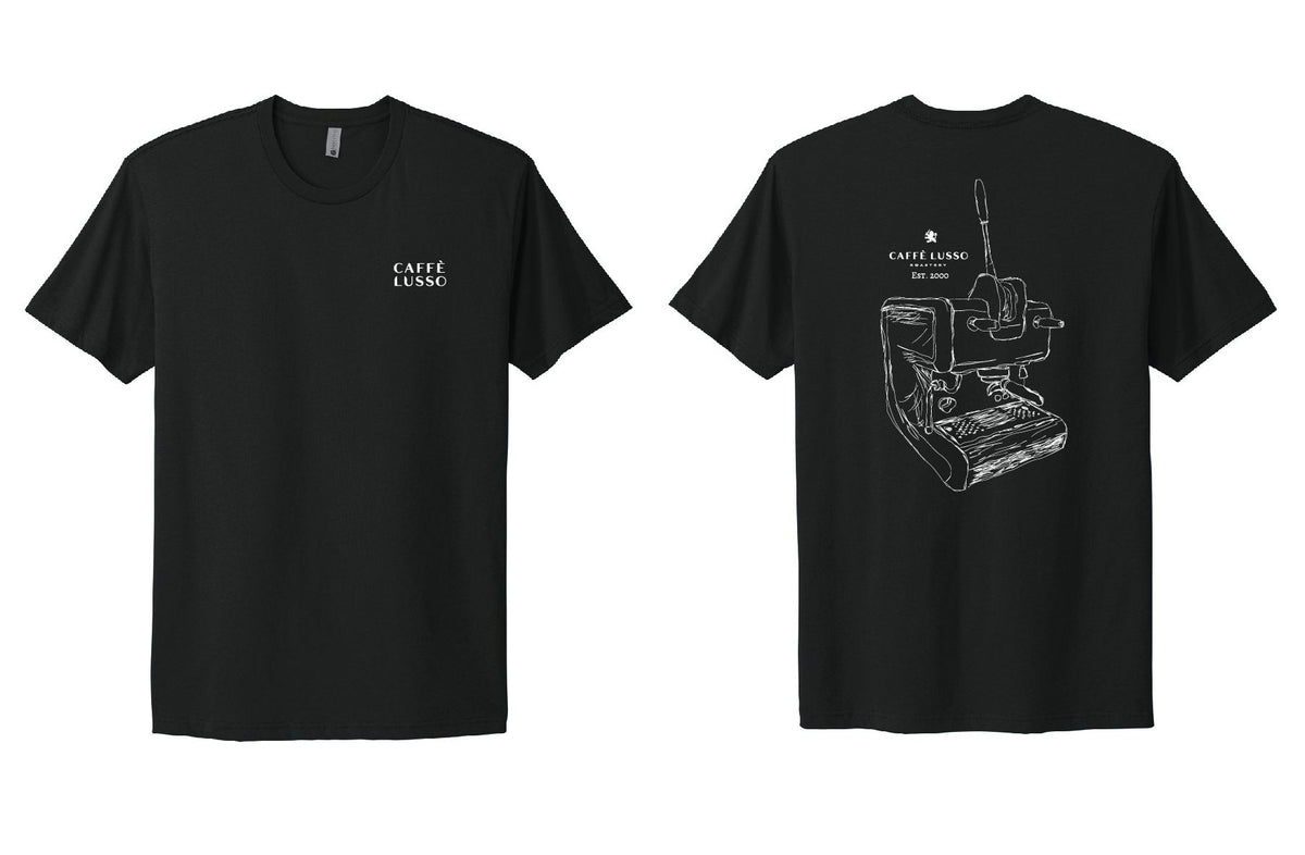 Black t-shirt with white sketch of a single group lever machine and 'Caffè Lusso' branding. Onthe front is the Caffe Lusso logo in the upper left chest area
