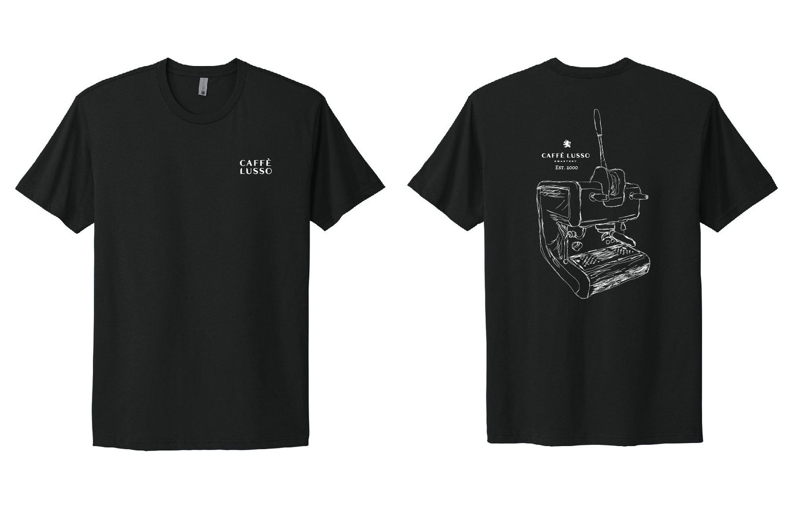 Black t-shirt with white sketch of a single group lever machine and 'Caffè Lusso' branding.