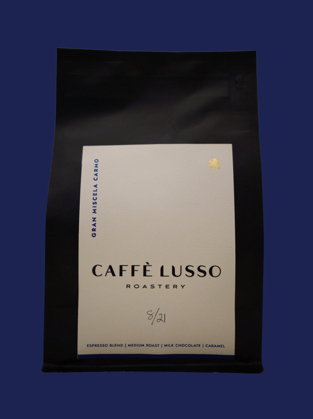 A packaged coffee blend product from Caffè Lusso Roastery, Gran Miscela Carmo Espresso Blend.