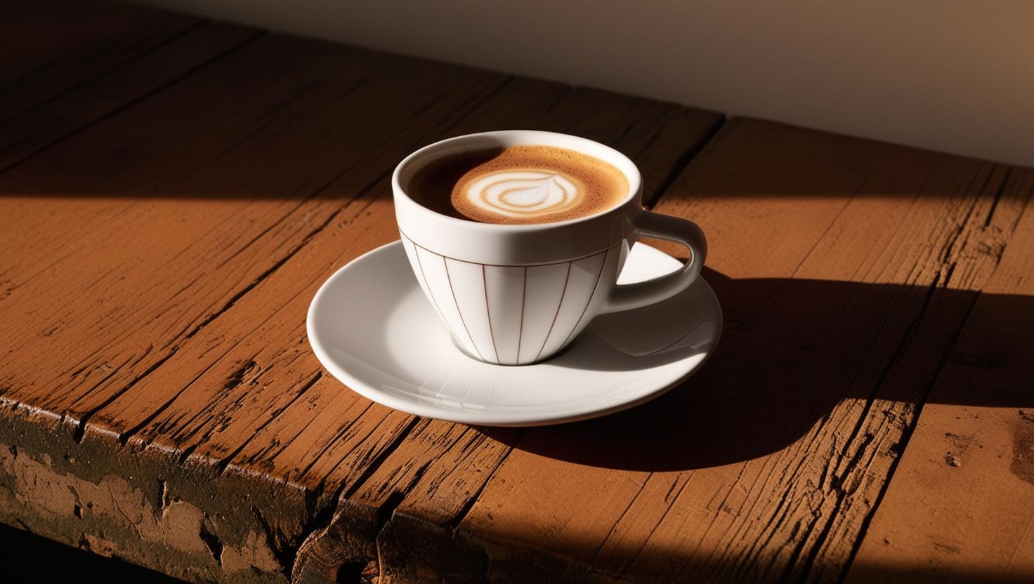 a cappuccino on a white saucer on a distressed wooden table