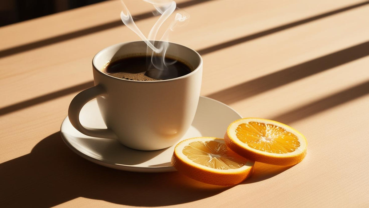 a cup of black pour over coffee with two slices of orange on the side