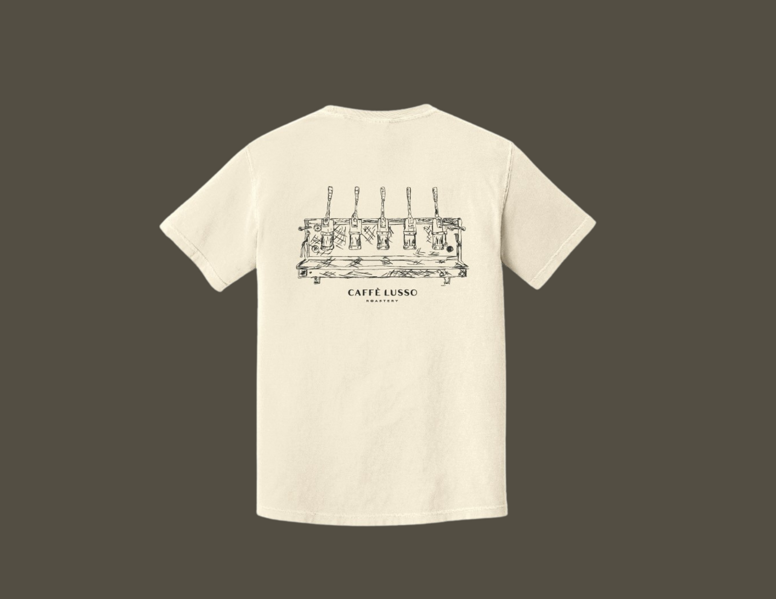 THe Back of a white T shirt. The T shirt has a 5 group lever espresso machine on it in black with the caffe lusso logo under it.