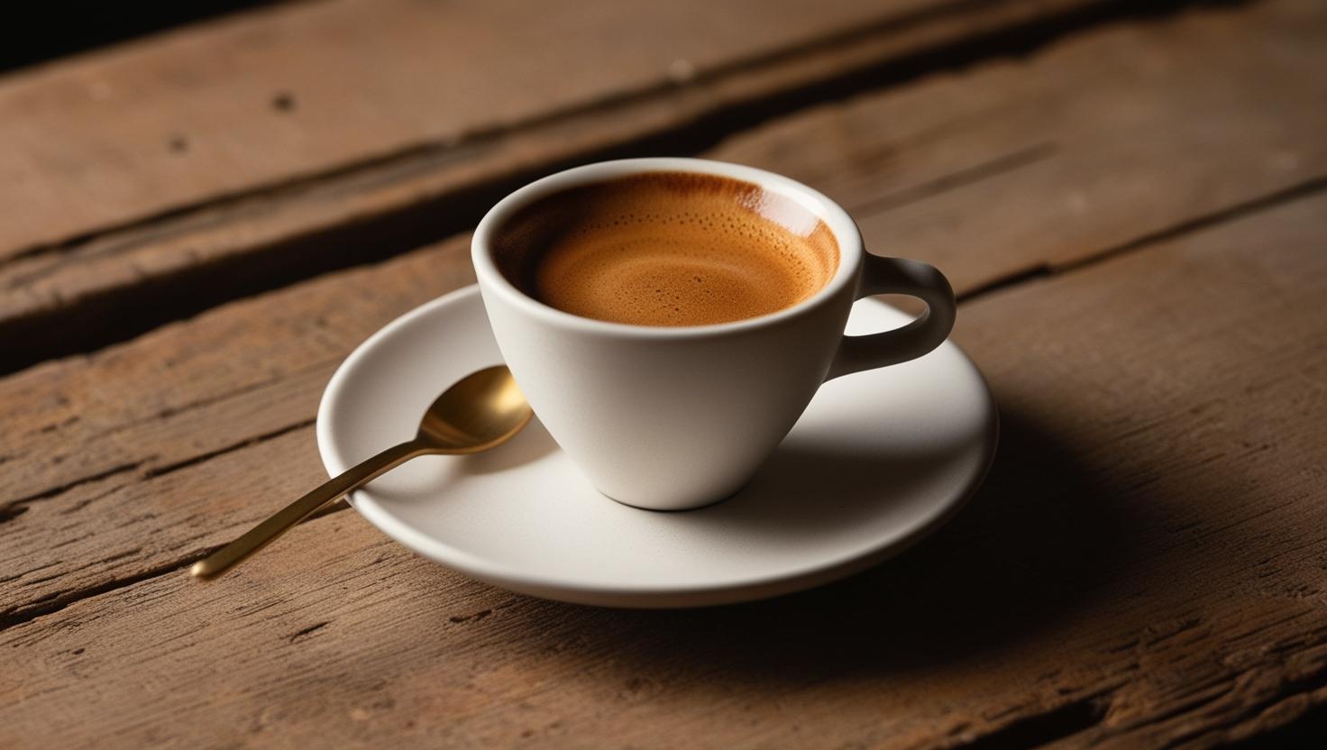 a demitasse of espresso on a saucer with a golden spon on the side