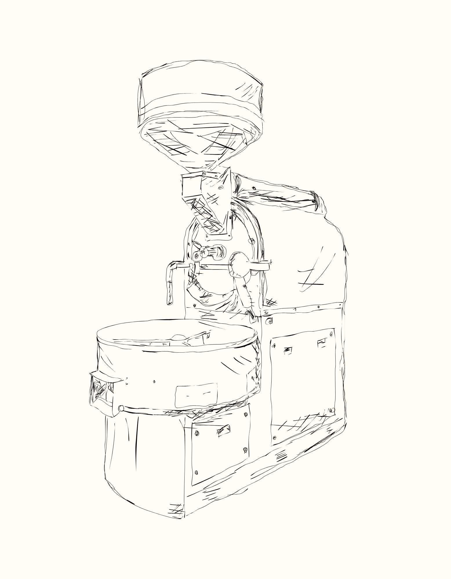 a sketch of a coffee roasting machine in black on a white background