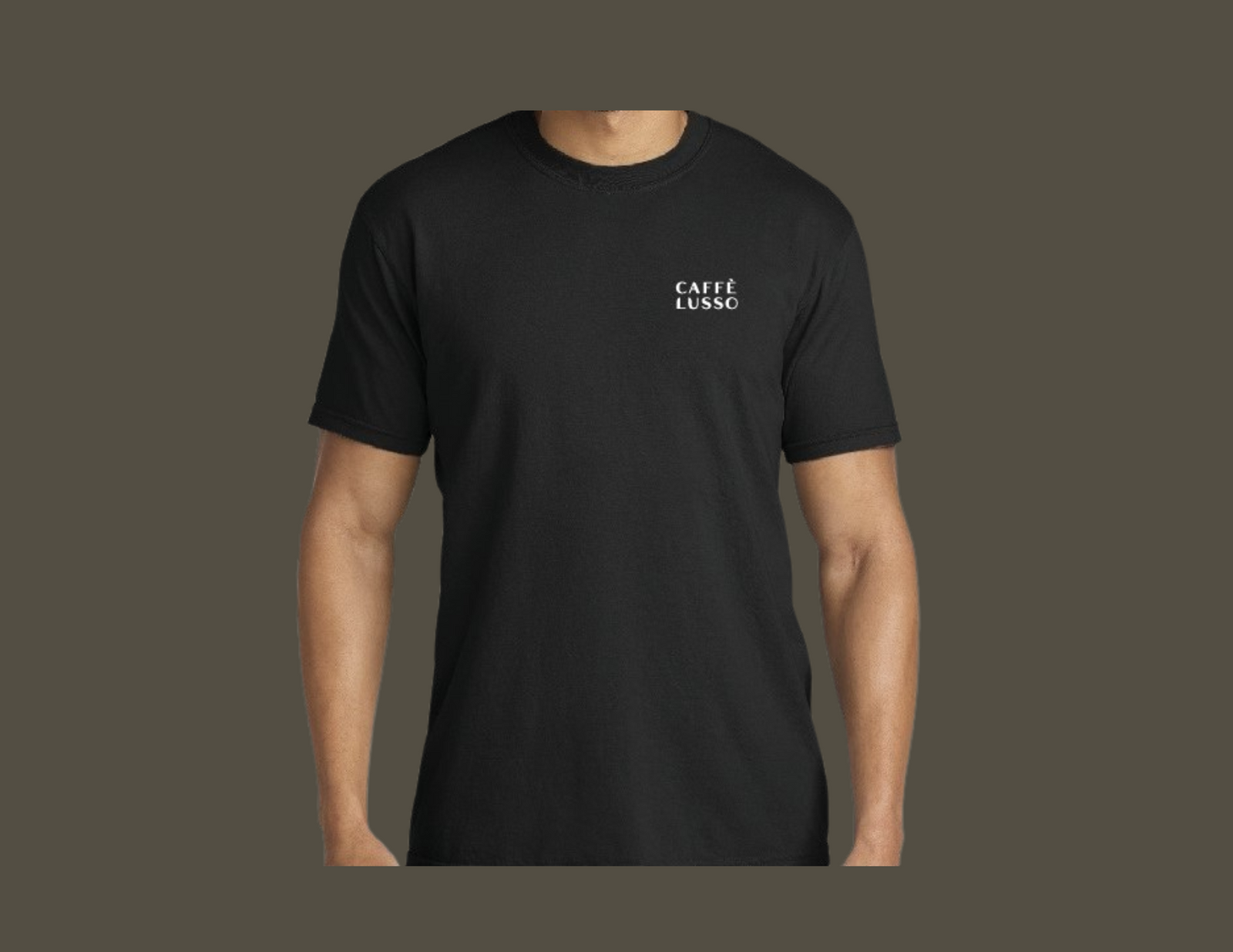 The front of a black heavy weight cotton to shirt with a white logo of Caffe Lusso on the upper left chest