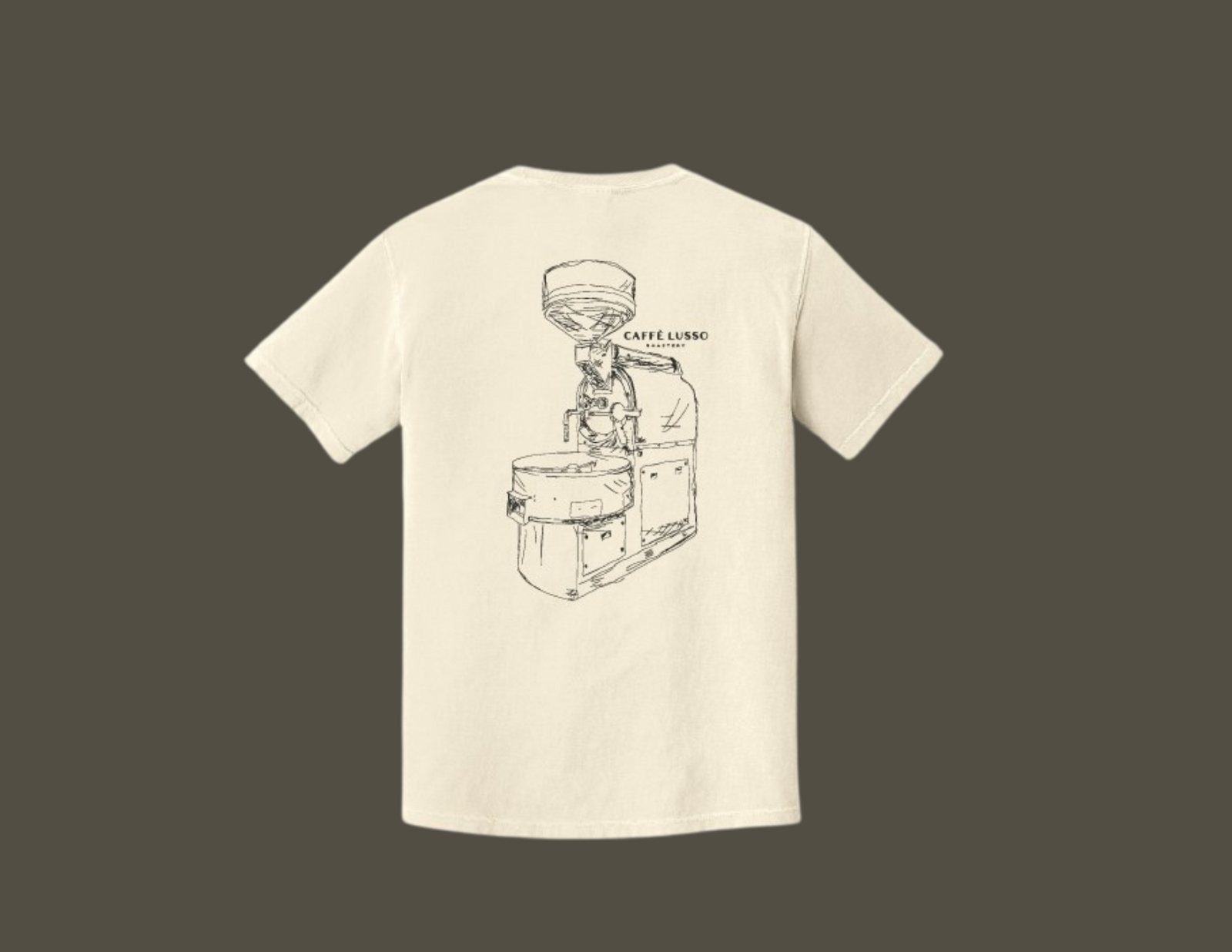  a white, heavy weight ring spun cotton tee with a hand sketched drawing of a coffee roasting machine on the back.