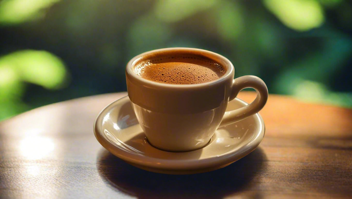 Espresso cup on a saucer with a blurred green outdoor background