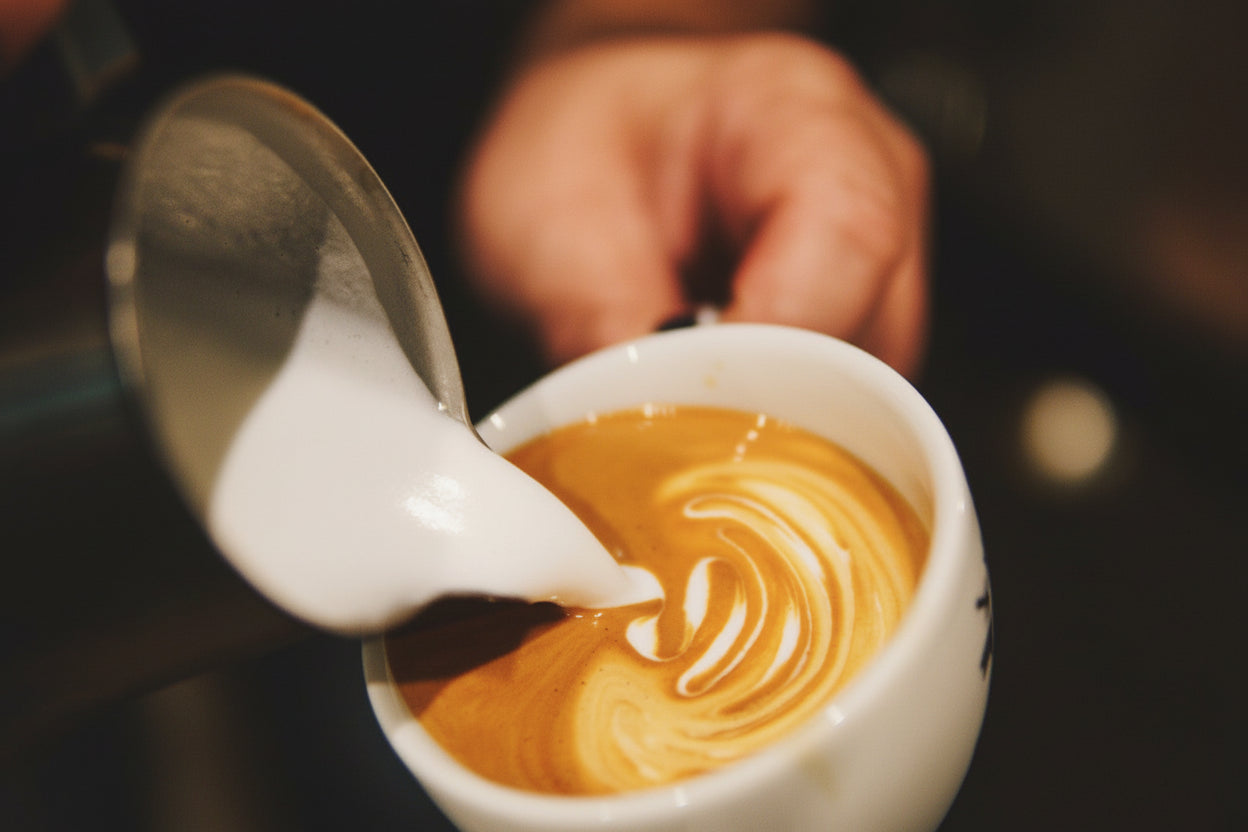 Pouring milk into a cup of coffee to create a latte art design.